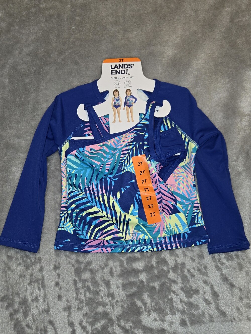 Lands' End Girls' Palm Design Long Sleeve 3 Piece Set- Blue/Multi Color size 2T